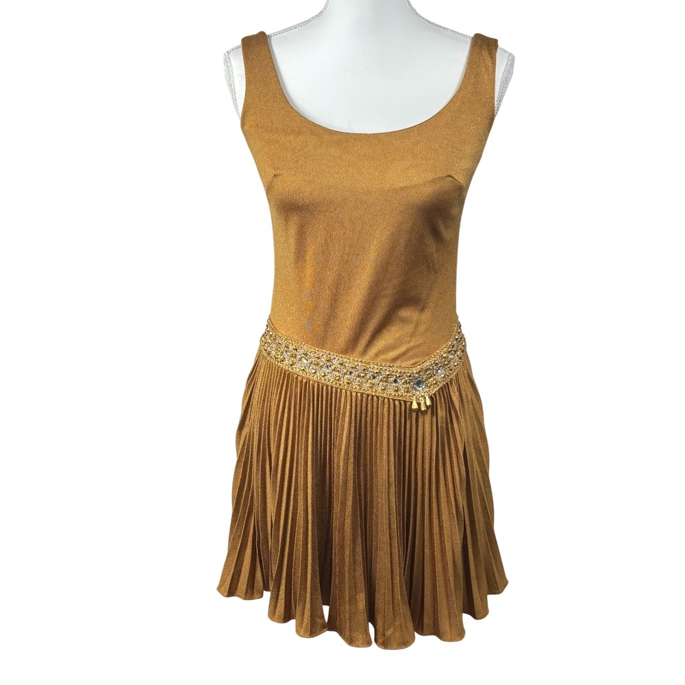 VTG 1960s Mini Prom Dress Gold Metallic Mod Jr Theme NY Jewels Disco Cocktail XS